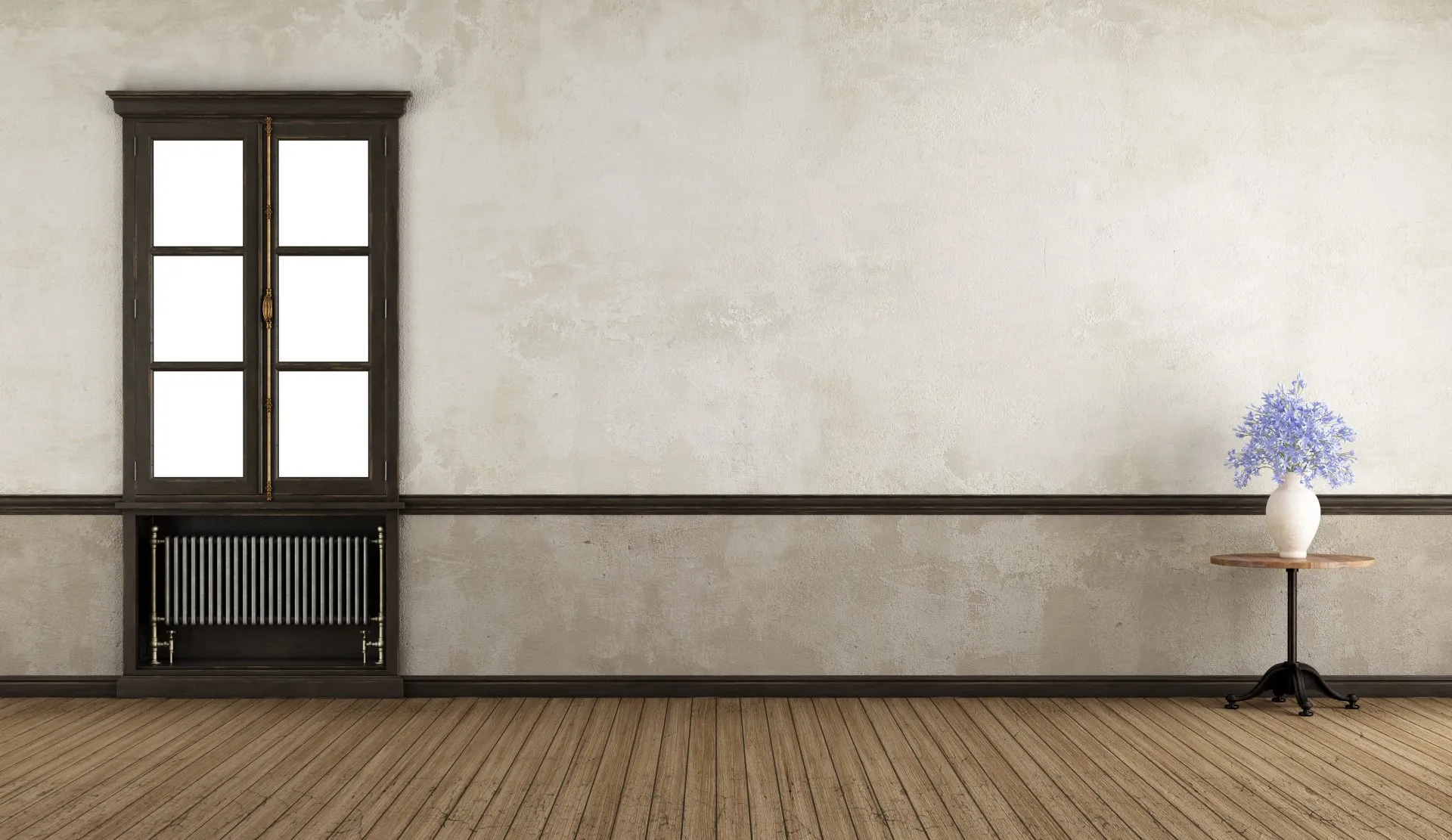 Empty room with textured plaster walls, dark wood window and wood floor